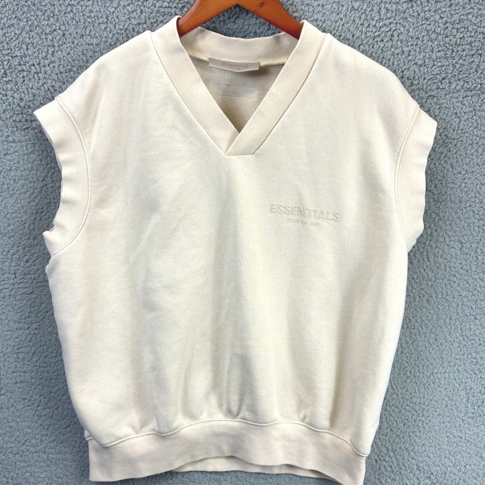 Fear of God Essentials V-Neck Sweatshirt Vest Mens M Cream Streetwear Casual